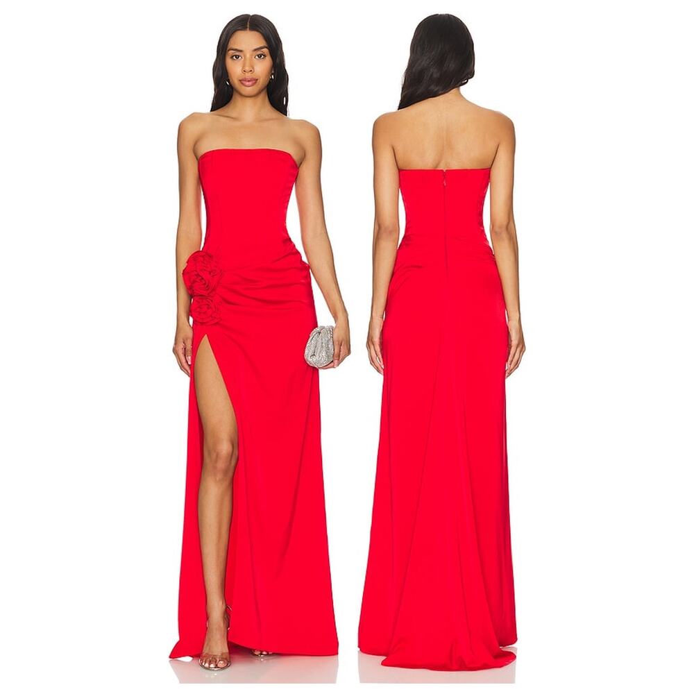 NBD Jake Gown Strapless Maxi Dress Rosette Ruched Party Formal Evening Prom M
